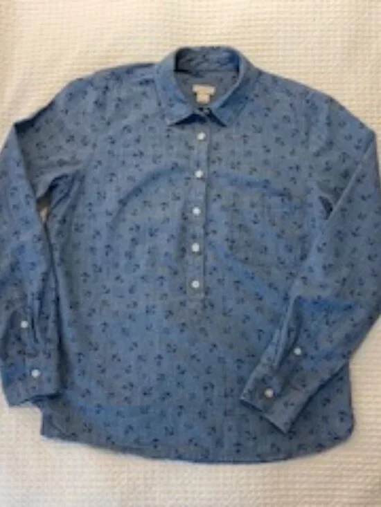 J.Crew Nautical Anchor Chambray Denim Popover Shirt - Blue - Size Small - Picture 2 of 9